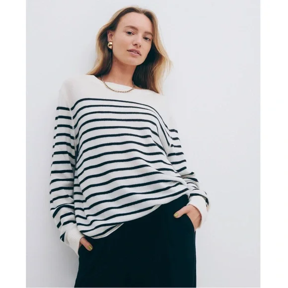Reformation Cashmere Gossamer Cream & Black Stripe Boyfriend Sweater - Picture 2 of 8